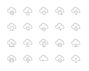 Simple set of Cloud computing vector line web icons. Contains such Icons as Data upload, Data synchronization, Cloud service and more. Editable Stroke. 48x48 Pixel Perfect.