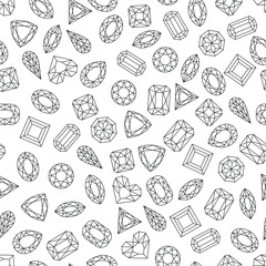 Vector black white seamless pattern with line gems and jewels. Linear diamonds with different cut, monochrome background