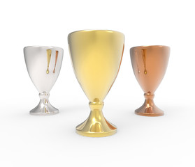 Three cup trophies, gold, silver and bronze. 3D image isolated on white background