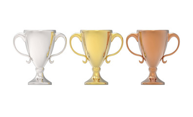 Three cup trophies, gold, silver and bronze. 3D image isolated on white background
