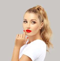 Beauty portrait of woman.Red lipstick