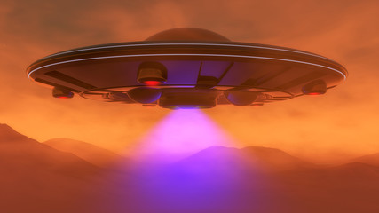 Fototapeta na wymiar an ufo hovers over the mars landscape(3d rendering)