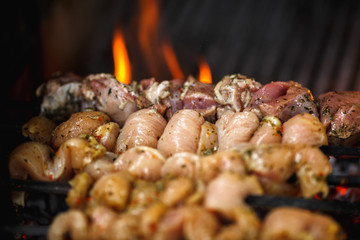 hot flavorful meat barbecue, shashlik, kebab, skewer on the grill