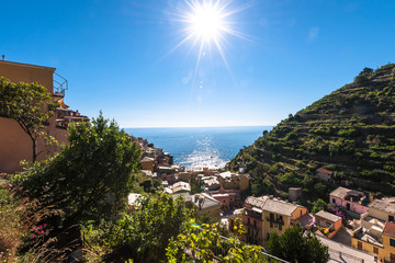 Naklejka na ściany i meble Manarola in Cinque Terre is a Park in Italy, located on the West Coast of Italy. There are 3 major Towns in the Park, Manarola, Vernazza and Rio Maggiore
