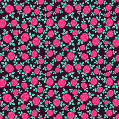 Seamless elegant floral pattern with red roses on black background. Ditsy print. Perfect for scrapbooking, textile, wrapping paper etc. Vector illustration.