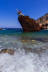 The rusty shipwreck of the Amorgos from a lower perspective