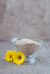 Krupa kinoa in glassware on a linen tablecloth