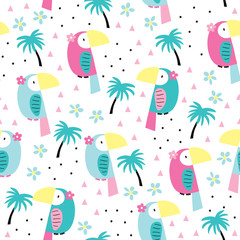 seamless toucan and palm summer pattern vector illustration