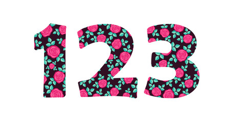 Numbers 1 2 3 of beautiful cute spring hand drawn flowers isolated on white background. Element of floral digit. Perfect for anniversary, wedding decoration etc. Vector illustration, numeral element