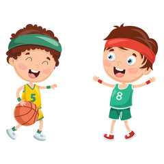 Vector Illustration Of Kids Playing Basketball