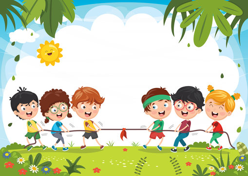 Vector Illustration Of Kids Playing Pulling Rope