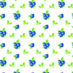 Beautiful vector seamless pattern with natural fresh blueberries. Bright blue and green elements on white background.
