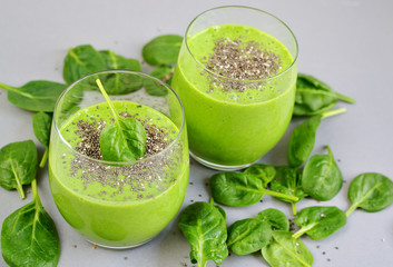 Green spinach smoothies with chia seeds, healthy food concept, detox