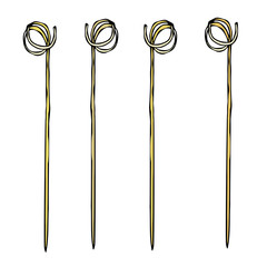 Skewer for Barbecue or Cocktail Party. Wooden Bamboo Skewers. Toothpick. Stick for Canape. BBQ or Bar Appliance. Korean or Japanese Cuisine. Hand Drawn Illustration. Savoyar Doodle Style.