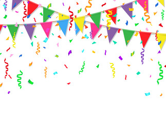 Party banner with colorful flags and confetti. Vector illustration