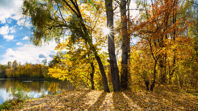 Beautiful autumn landscape - View from the river bank of the Siverskyi Donets, north-east of Ukraine