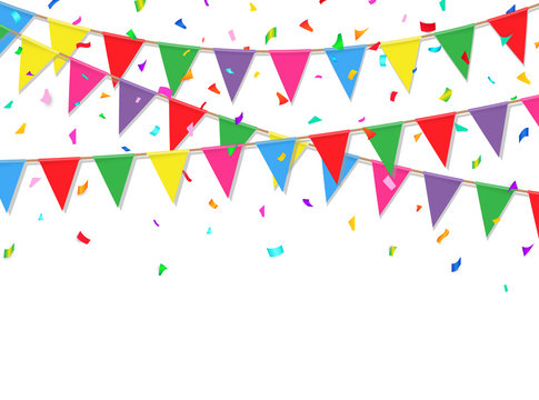 Festive background with colorful confetti and flags. Party banner. Vector illustration