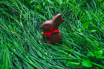 coniglio di cioccolata Pasquale sul prato verde banner