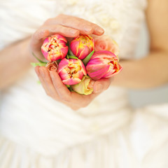 woman bride hands holding spring flowers tulips and roses, sensual studio shot can be used as background