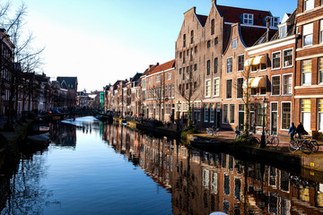 Obraz premium Canal with reflection of street filled with bicycles and houses in Hague in spring