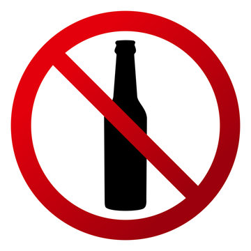Circular, "Drinks are not allowed" sign. Red gradient sign, bottle silhouette. Isolated on white