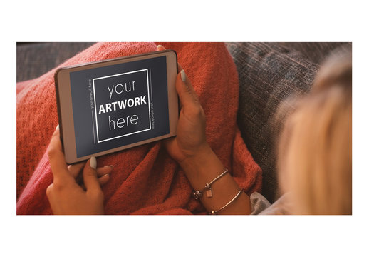 User with Tablet on Couch Mockup 2