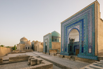 Shah-i-Zinda necropolis at sunset, samarqand, uzbekistan