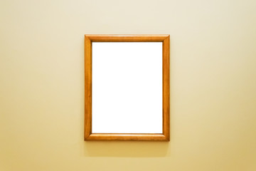 White clipped painting with wooden frame hung on a wall.
