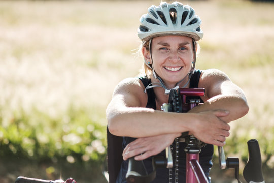 Portrait of Disabled Active Woman on Her Bicycle
