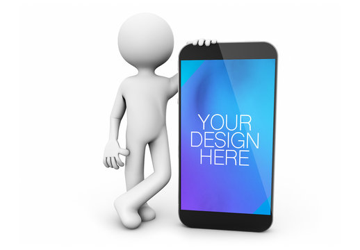 3D Character Leaning on Smartphone Mockup