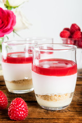 Raspberry dessert from whipped white chocolate mousse and raspbe
