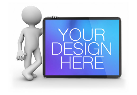 3D Character Leaning on Horizontal Tablet Mockup