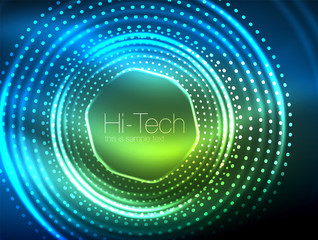 Magic neon circle shape abstract background, shiny light effect template for web banner, business or technology presentation background or elements, vector illustration