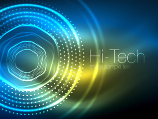 Magic neon circle shape abstract background, shiny light effect template for web banner, business or technology presentation background or elements, vector illustration