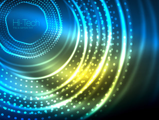 Fototapeta na wymiar Magic neon circle shape abstract background, shiny light effect template for web banner, business or technology presentation background or elements, vector illustration