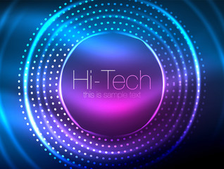 Magic neon circle shape abstract background, shiny light effect template for web banner, business or technology presentation background or elements, vector illustration