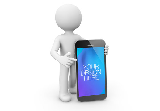 3D Character Pointing at Smartphone Mockup