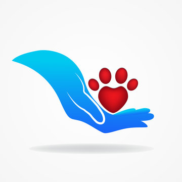 Logo Blue Hand Caring A Paw Print Dog In A Heart Shape 