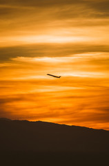 Fototapeta na wymiar Airplane flying in the sunset