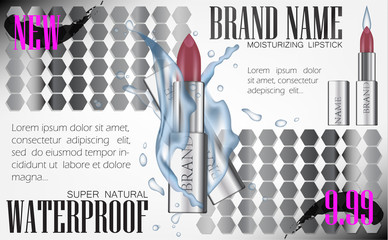 Fashion cosmetic lipstick tube vector 3d illustration mockup water splash. Design Ads Cosmetics Luxury Product Flyer Template for Magazine Background.