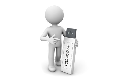 3D Character Pointing at USB Device Mockup 