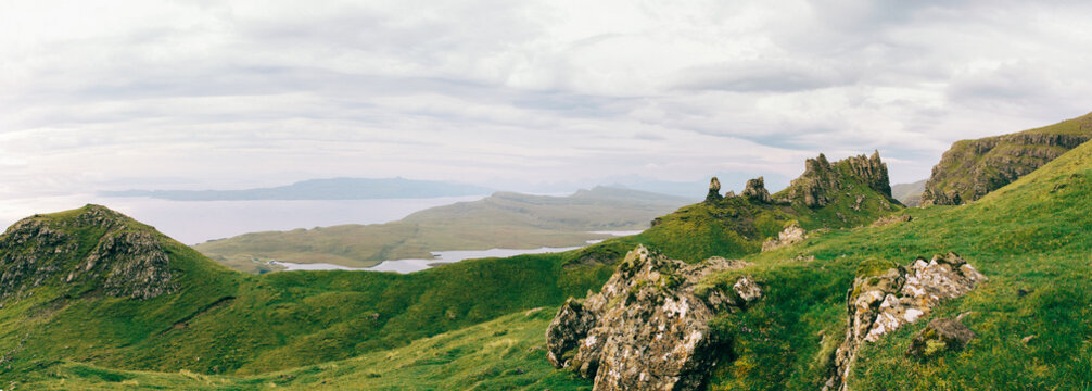 Old Man of Storr Rock Formation in Green Scottish Highlands