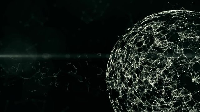 Abstract plexus Sphere, geometric background with moving lines, dots and triangles. Plexus fantasy abstract technology.good for youtube intro or outro in the left side with space for title, logo or