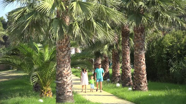Little child and parents walking together on palm trees alley, exotic vacantion