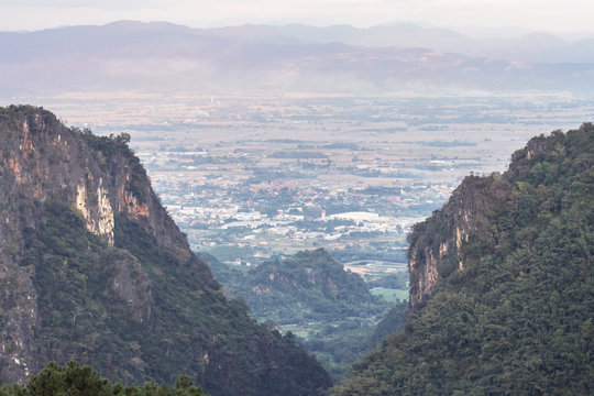 Lanscape view town of  Mae Sai district looking from viewpoint  Doi Pha Mee or Bear mountain near Thailand & Myanmar border Mae Sai, Chiang Rai, Thailand 
