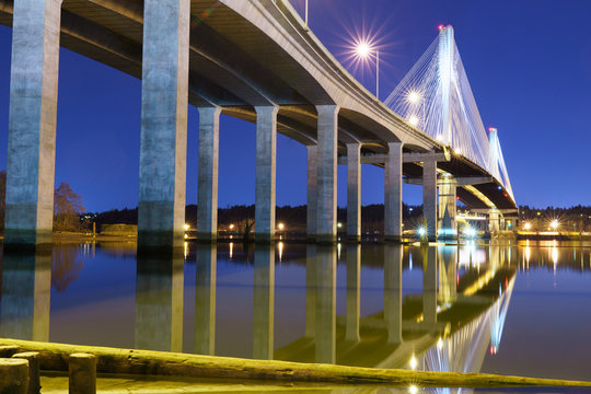 Port Mann Bridge, long exposure in a bright night. Vancouver, British Columbia, Canada.