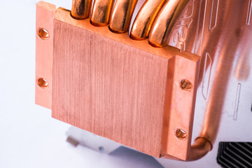 Concept of air cooling of the central processor of a computer Aluminum radiator with copper heat...