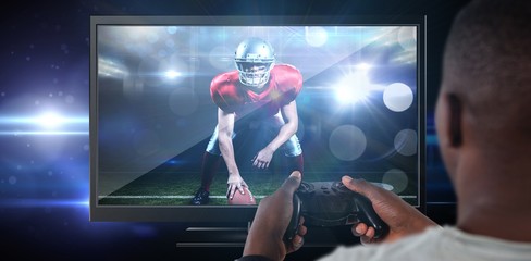 Composite image of man playing video game against white