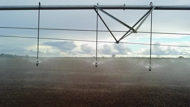 Pivot irrigation used to water plants on a farm. Aerial drone footage of pivot irrigation2