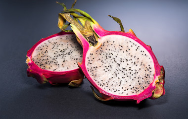 Close up of sliced in two of a Dragon`s Fruit.